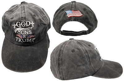 #ad God Guns amp; Trump 2024 USA Flag Black Washed Adjustable Embroidered Cap Hat $444.44