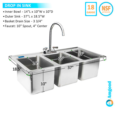 #ad Stainless Steel Drop Sink 3 Compartment Drop in Sink 10quot;x14quot;x10quot; NSF $399.95