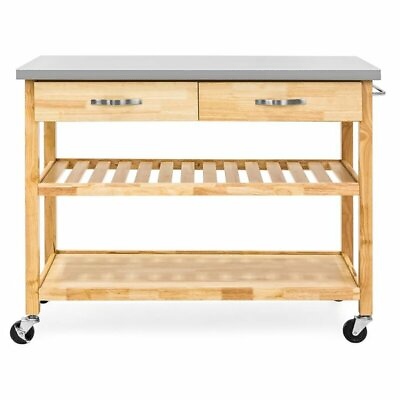 #ad Natural Stainless Top Kitchen Island Storage Cart Rolling Table Utility Drawers $477.90