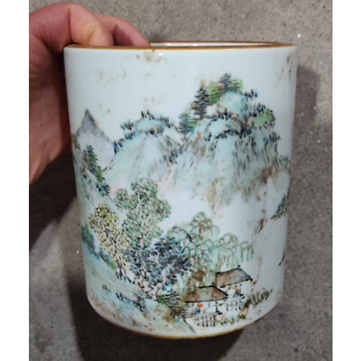 #ad 5.1quot; China Qing Shallow Color Porcelain Hill Water Scenery Brush Pot $139.00