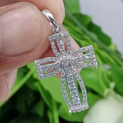#ad 2Ct Round Cut Simulated Diamond Unisex Holy Cross Pendant 14K White Gold Plated $296.99