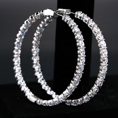 #ad Moissanite Inside Out Hoop Earrings 2.50 Carat Round Cut Solid 14K White Gold $234.90