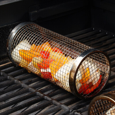 #ad Rolling Grilling Basket BBQ Tube Round Mesh Cage Latching Lid Stainless Steel Sm $10.99
