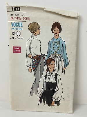 #ad Vintage Vogue Pattern 7621 Blouse Pussy Bow Rolled Turn Collar Used Cut Sz 8 $5.99
