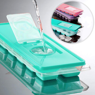 #ad 2Pk Soft Silicone Ice Cube Tray Removable Lid BPA Free Holds 24 Cubes Push Out $7.62