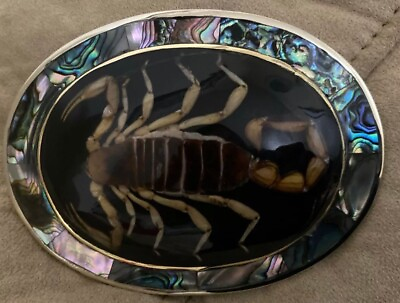 #ad Vintage Mexico Silver Alpaca Belt Buckle w Genuine Scorpion amp; Abalone Seashell $29.99
