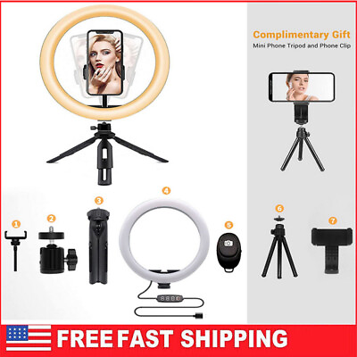 #ad 10quot; LED Ring Light with Adjustable Tripod amp; Phone Holder Dimmable Desktop Selfi $11.99