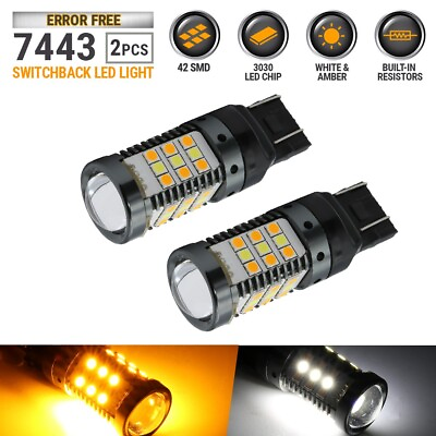 #ad Error Free 7443 LED Switchback Turn Signal Parking Light Bulbs White Amber $16.25
