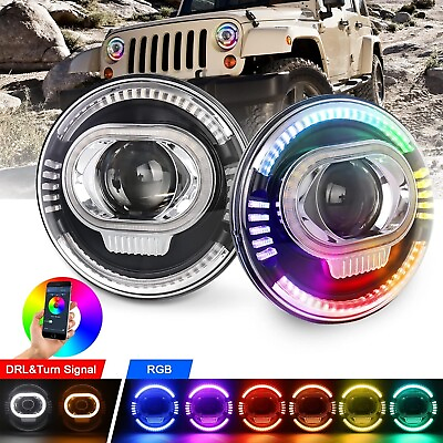 #ad 7 inch RGB LED Headlights w Turn Signal High Low For Jeep Wrangler JK LJ TJ CJ $238.00