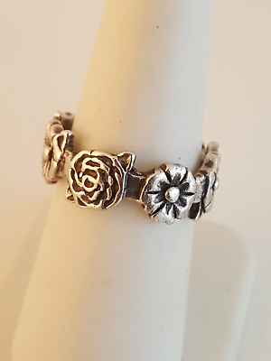 #ad Vintage sterling silver floral flower ring cutout band design sz 7.25 marked HAN $49.95