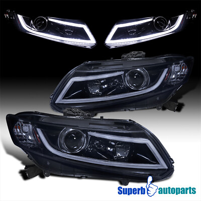 #ad Fits 2012 15 Honda Civic 4Dr 12 13 2Dr Glossy Black Projector Headlights LED Bar $284.98