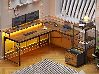 #ad 51quot;L Shaped Desk Home Office Desk with File Drawer LED Gaming Desk Computer Desk $129.89
