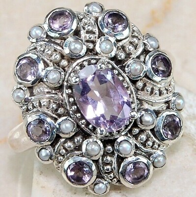 #ad Natural 2CT Amethyst amp; Pearl 925 Sterling Silver Filigree Ring Sz 67 FM1 $36.99