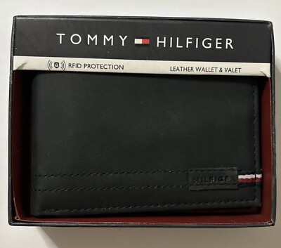#ad Tommy Hilfiger Mens Bifold Black Leather RFID Wallet amp; Valet Pass case New $20.00