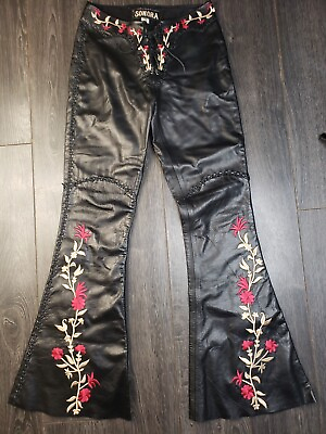 #ad Sonora Ladies Leather Bootcut Lace Up Pants Embroidered Flowers Size 4 Gorgeous $350.00