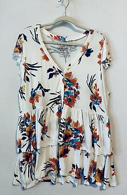 #ad Torrid Top Womens 2X White Floral Button Up Babydoll Tiered Super Soft Knit Boho $24.26