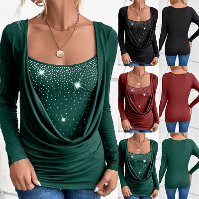#ad Womens Long Sleeve T Shirt Tops Casual Slim Fit Sequin Blouse Pullover Shirt $14.29