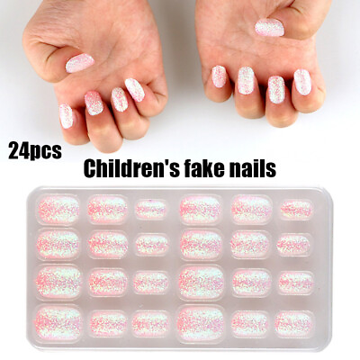 #ad 24Pcs Fake Nails Children Kids Manicure Press on Full Cover Short False = C $2.82