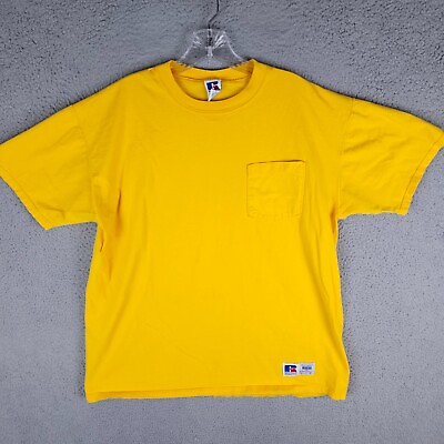 #ad Vintage 90s Russell Athletic High Cotton Yellow Pocket Tee Mens L T Shirt USA $21.99