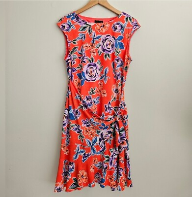 NEW ECI New York Dress Floral Womens Orange Ruffle Hem Tie Stretch size Large $27.49
