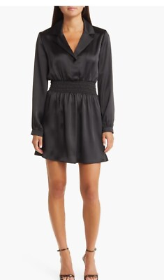 #ad Steven Madden Long Sleeve Satin Mini Shirtdress Women’s Large Black $38.55