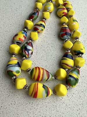 #ad Vintage 20 Inch Bright Yellow Colorful Double Strand Glass Necklace $178.20