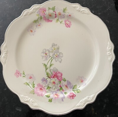 #ad Homer Laughlin Virginia Fluffy Rose Luncheon Plate 9 1 4quot; Platinum edge Vintage $15.95