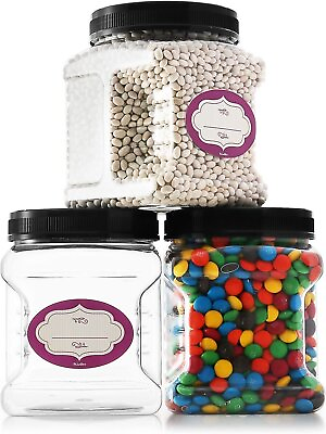 #ad 3 Pack Clear Plastic Square Storage Jars with Airtight Lids 48 Oz. W Labels $19.99