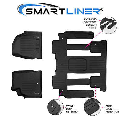 #ad SMARTLINER Custom Fit Floor Mats 3 Row Set Black For Traverse Enclave Acadia $164.99