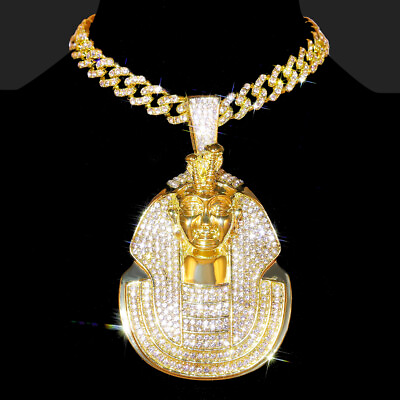 #ad Large King Tut Pharaoh Pendant amp; Iced Cuban Cubic Zirconia Chain Bling Necklace $13.99