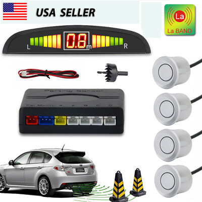 #ad 4 Parking Sensors LED Car Auto Backup Reverse Rear Radar System Alarm Silver USA $9.49
