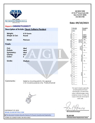 #ad 0.72ct E SI1 Round Natural Certified Diamond Platinum Classic Solitaire Pendant $1299.37