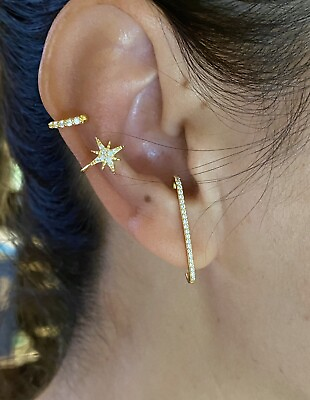 #ad Gold Cuff C Shape Conch Huggie Geometric Bar Stud Earrings S925 Sliver Bar Studs $17.99