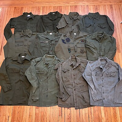 #ad Vtg Lot 12 Cotton sateen utility og 107 shirt military jacket 60s 70s Vietnam $120.00