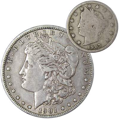 #ad 1901 O Morgan Dollar VF Very Fine 90% Silver with 1907 Liberty Nickel G Good $62.99