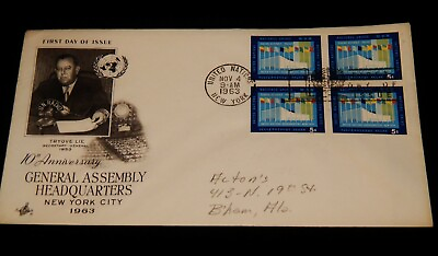 #ad Vintage Cover UNITED NATIONS UN FDC 1963 Block General Assembly Building $3.00