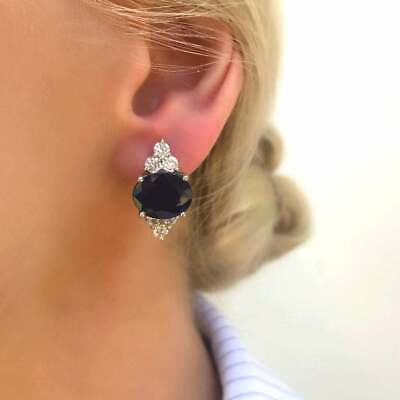 #ad Genuine Large Blue Sapphire Oval Silver Stud Earrings Sterling Silver Jewelry $72.23