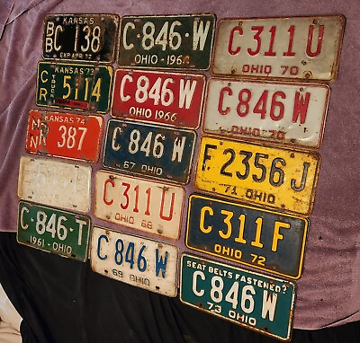 #ad 15 lot License VINTAGE Single Plates 1959 1960s 1970s OHIO CRAFT Color Kansas $108.50