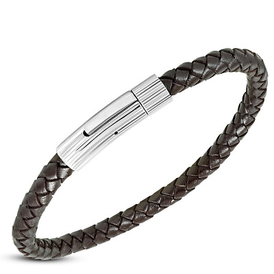 #ad Stainless Steel Silver Tone Braided Leather Mens Cuff Bracelet 8.75quot; $19.99