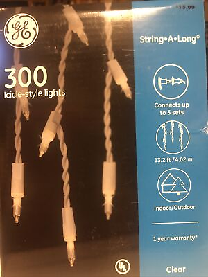 #ad GE 300 Icicle Style Lights String Along Clear Indoor Outdoor 13.2 Ft $9.99