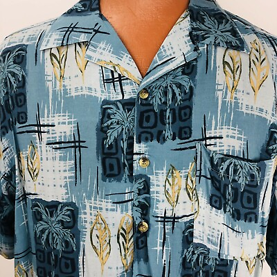 #ad Island Blue Hawaiian Aloha Shirt Large Blue Tapas Palm Trees Leaves Geometric $22.19