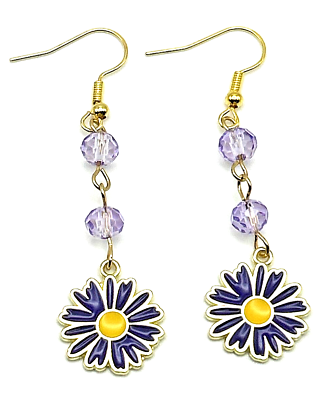 #ad Purple amp; Yellow Enamel Gerbera Daisy Flower Daisies Dangle Drop Earrings w Glass $2.48