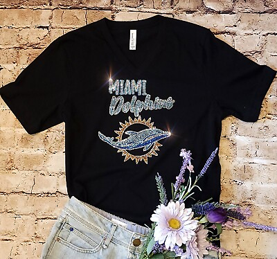 #ad Miami Dolphins New Rhinestone Bling Womens Sizing VNeck T shirt S thru 4X $29.99