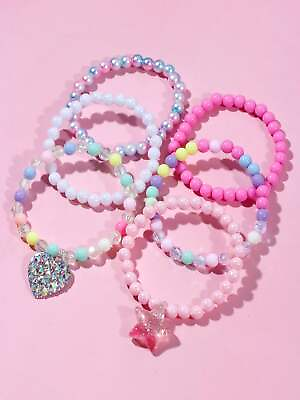 #ad 6pcs Girls Heart amp; Star Charm Beaded Bracelet Kids Bracelet Stackable Bracelet $6.32