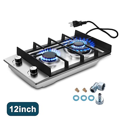 #ad Gas Cooktop 12in Dual Burners Stainless Steel NG LPG Convertible Kitchen Hob $69.99