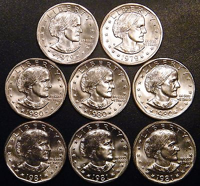 #ad 1979 PD 1980 PDS 1981 PDS Susan B Anthony BU Dollar US Mint Cello Run 8 Coin Set $25.65