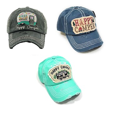 #ad Adjustable Happy Camper Hat Womens Camping Camp RV Baseball Cap Blue or Black $18.50