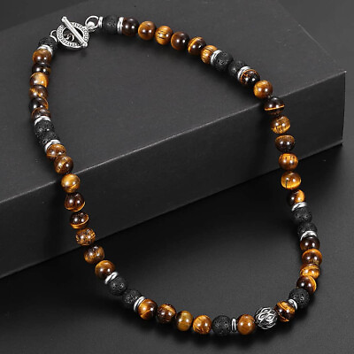 #ad #ad Men#x27;s 8mm Natural Tiger Eye Lava Bead Necklace Stainless Steel Toggle 18 20 24quot; $9.36