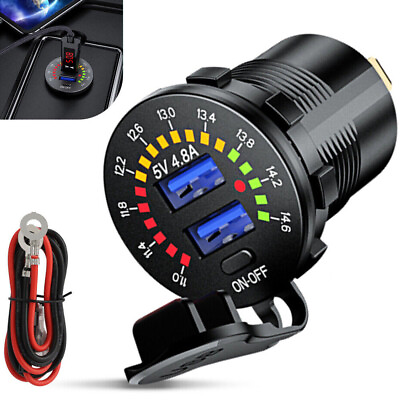 #ad 4.8A 12V Car Boat Dual USB Fast Charger Socket w Voltmeter amp; Wire Waterproof $6.99