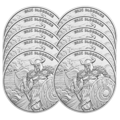 #ad Lot of 10 1 Troy oz Eric Bloodaxe Design .999 Fine Silver Round $291.33